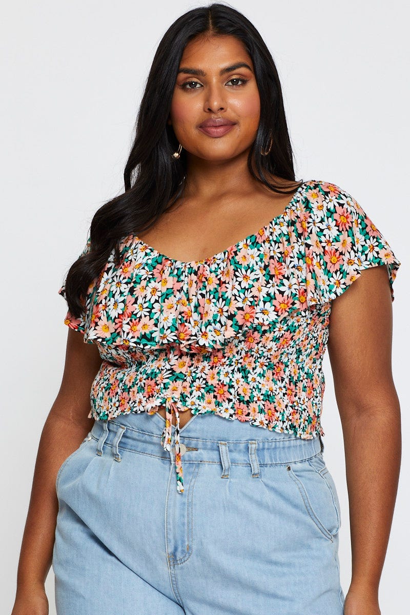 Ditsy Print Crop Top Short Sleeve Frill - Image 3