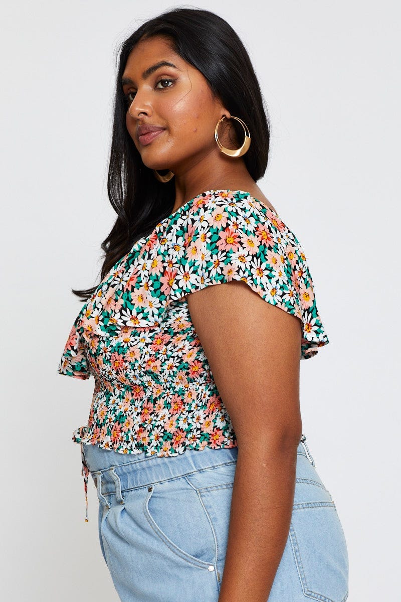 Ditsy Print Crop Top Short Sleeve Frill - Image 4
