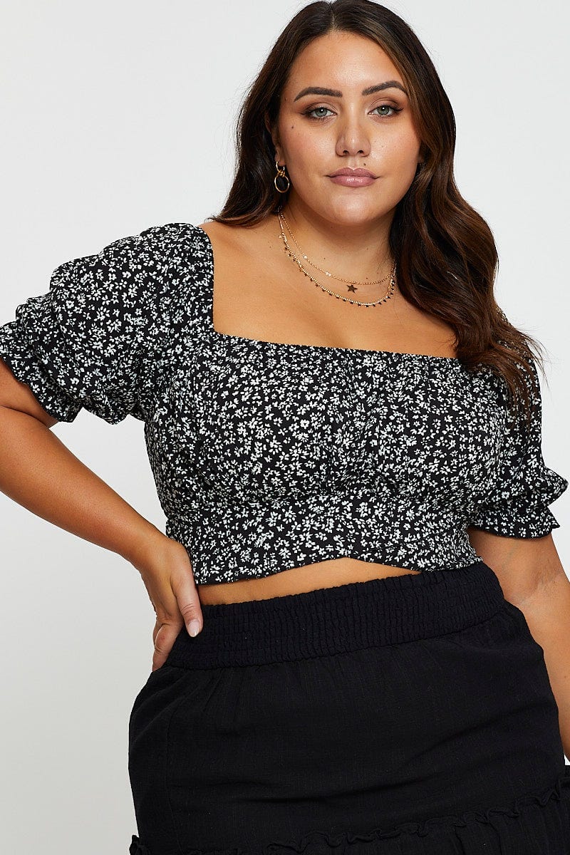 Ditsy Print Crop Top Short Sleeve Shirred Back - Image 3