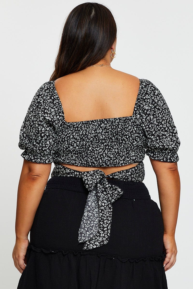 Ditsy Print Crop Top Short Sleeve Shirred Back - Image 5