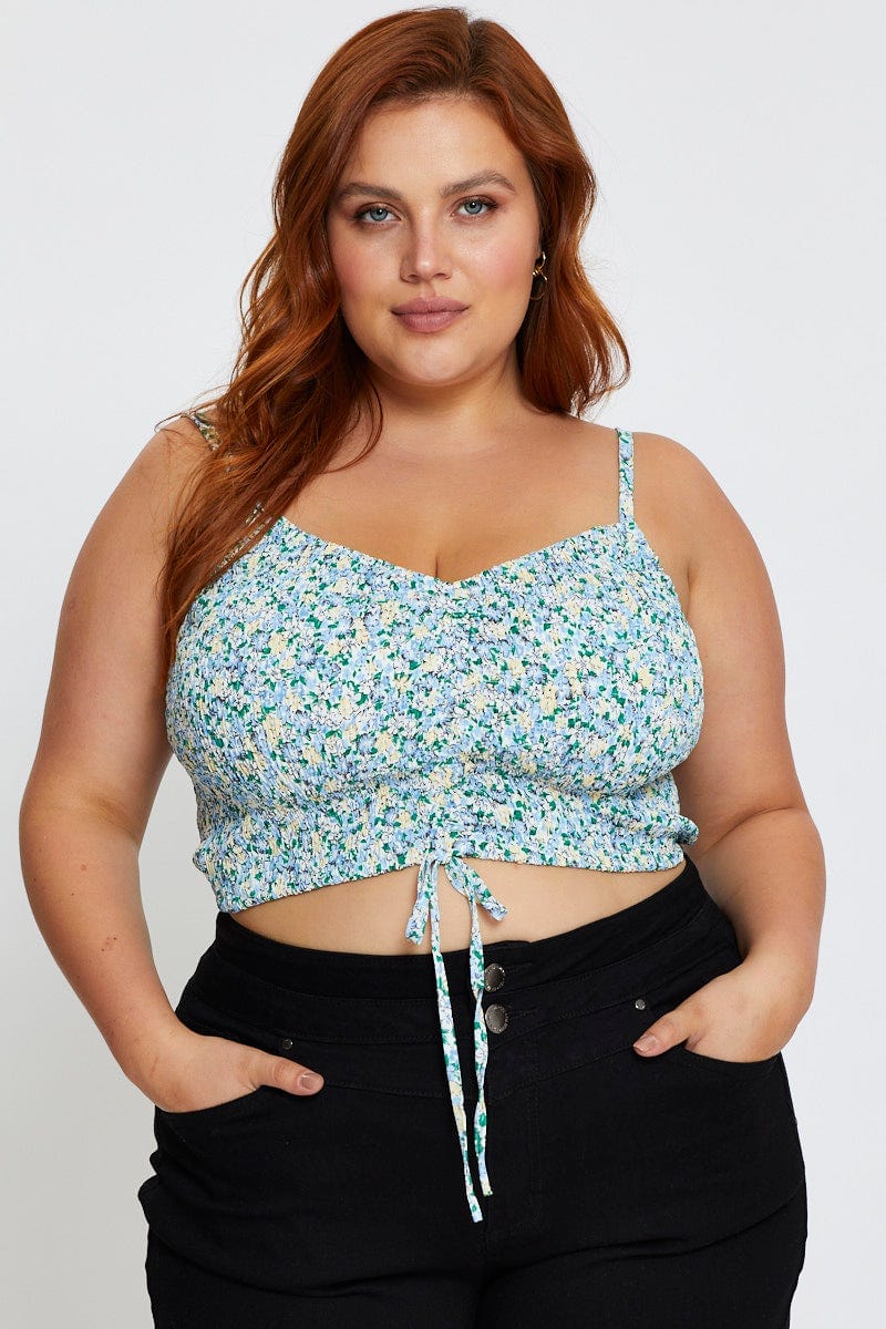 Ditsy Print Crop Top Sleeveless Drawstring
