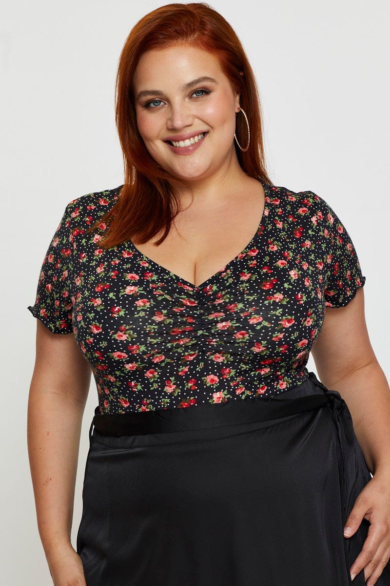 Ditsy Print Front Bodysuit V-neck Short Sleeve Floral Ruched