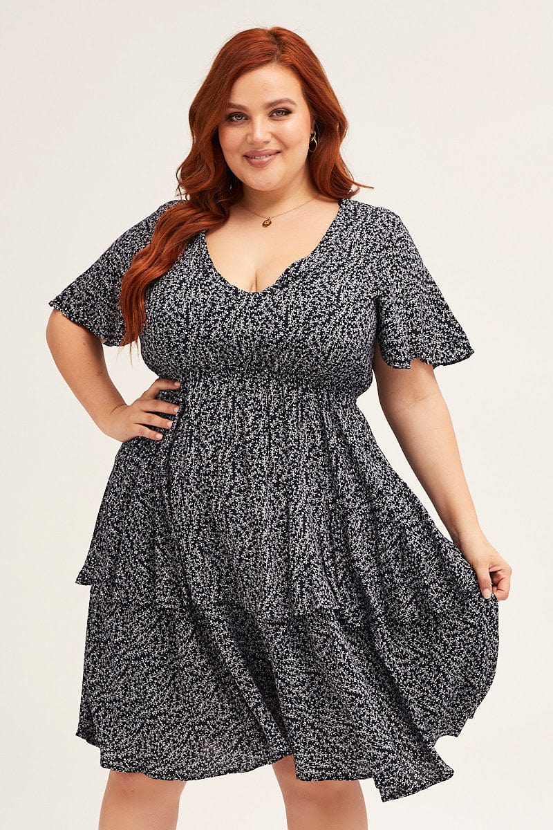 Ditsy Print Navy Ditsy Print Short Sleeve V-neck Mini Dress - Image 3