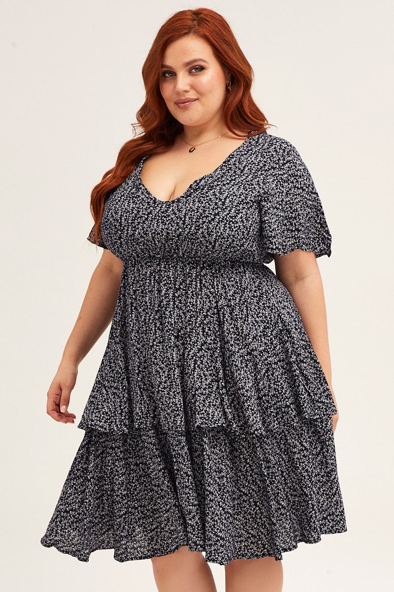 Ditsy Print Navy Ditsy Print Short Sleeve V-neck Mini Dress - Image 4