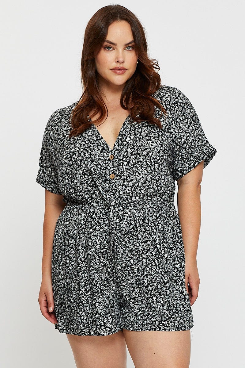 Ditsy Print Playsuit V-neck Short Sleeve - Image 3