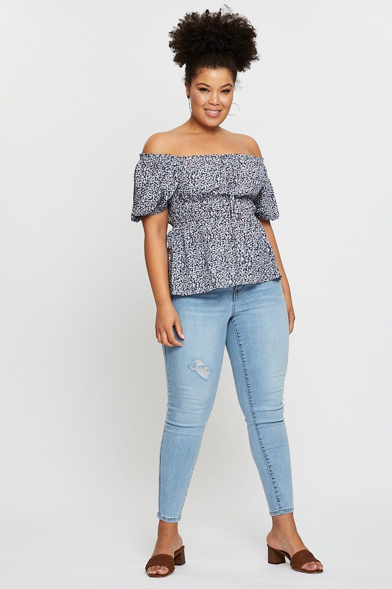 Ditsy Print Plus Short Puff Sleeve Elasticated Waist Top - Image 2