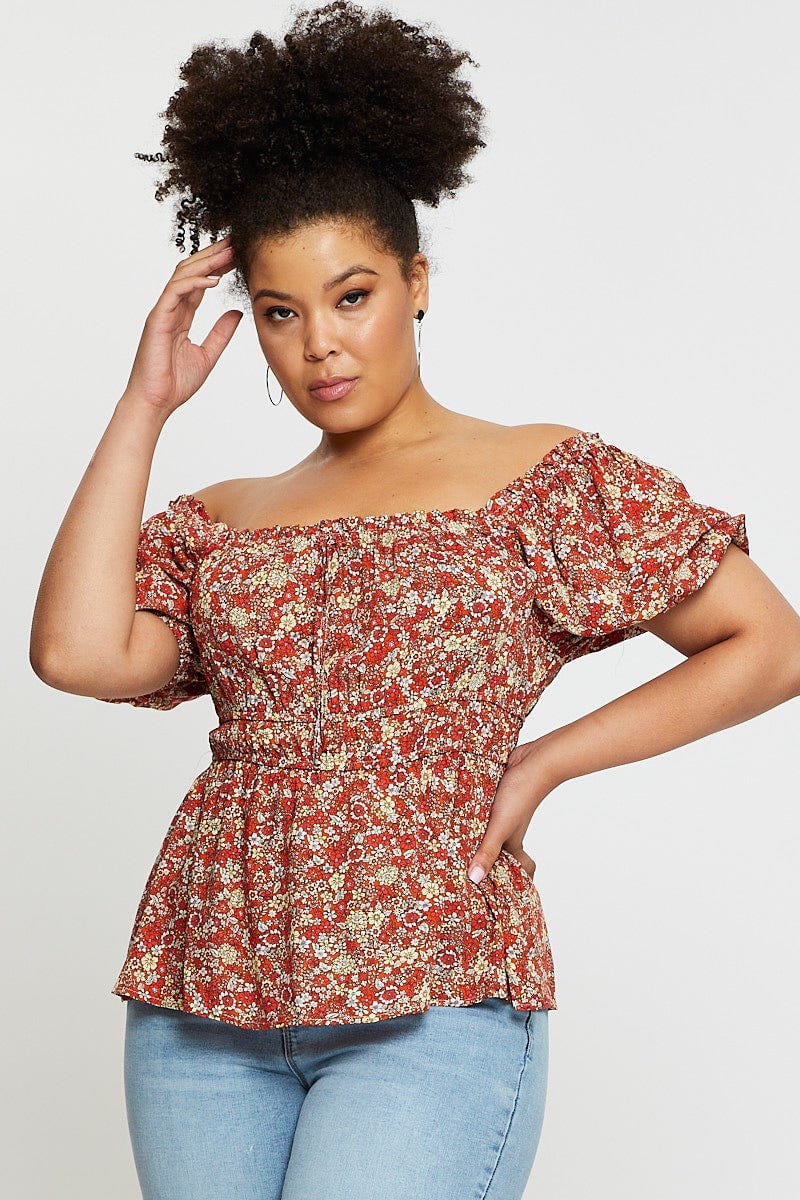Ditsy Print Plus Short Sleeve Floral Elasticated Waist Top