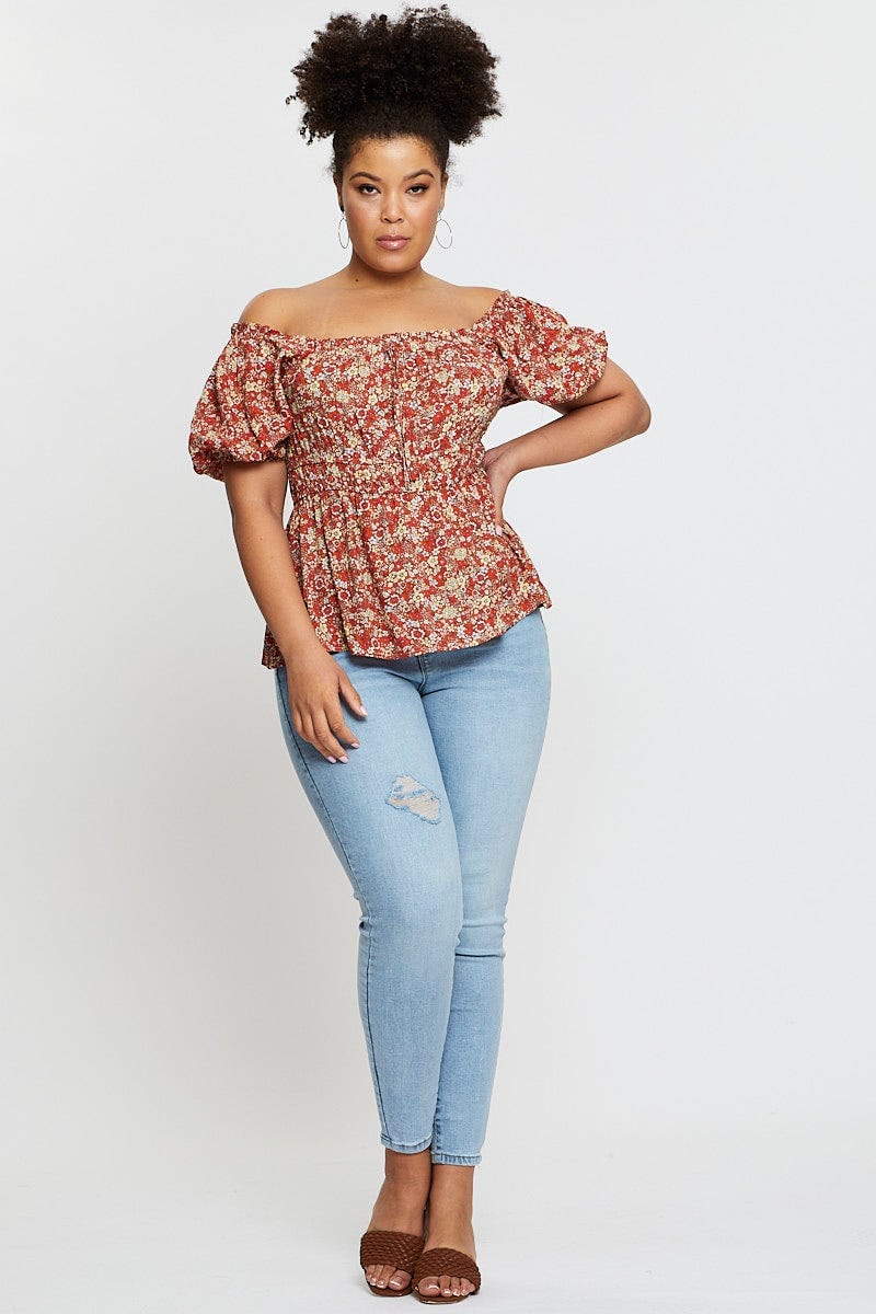 Ditsy Print Plus Short Sleeve Floral Elasticated Waist Top - Image 2