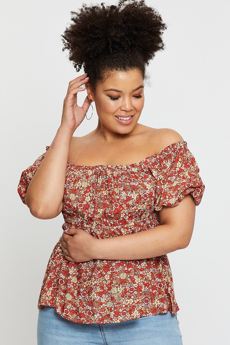 Ditsy Print Plus Short Sleeve Floral Elasticated Waist Top - Image 3