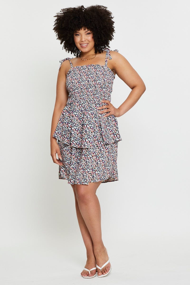 Ditsy Print Plus Sleeveless Shirred Tiered Skater Dress - Image 2