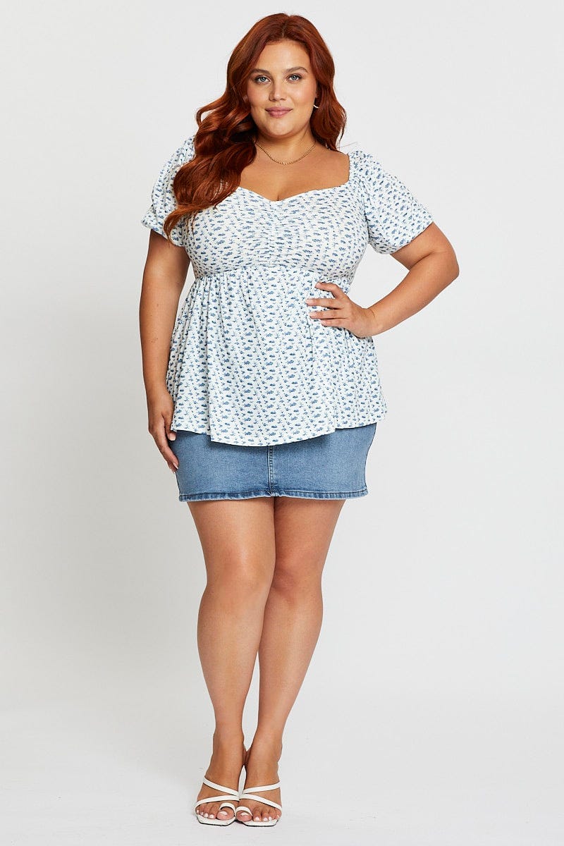 Ditsy Print Ruched Top Floral Puff Sleeve - Image 2