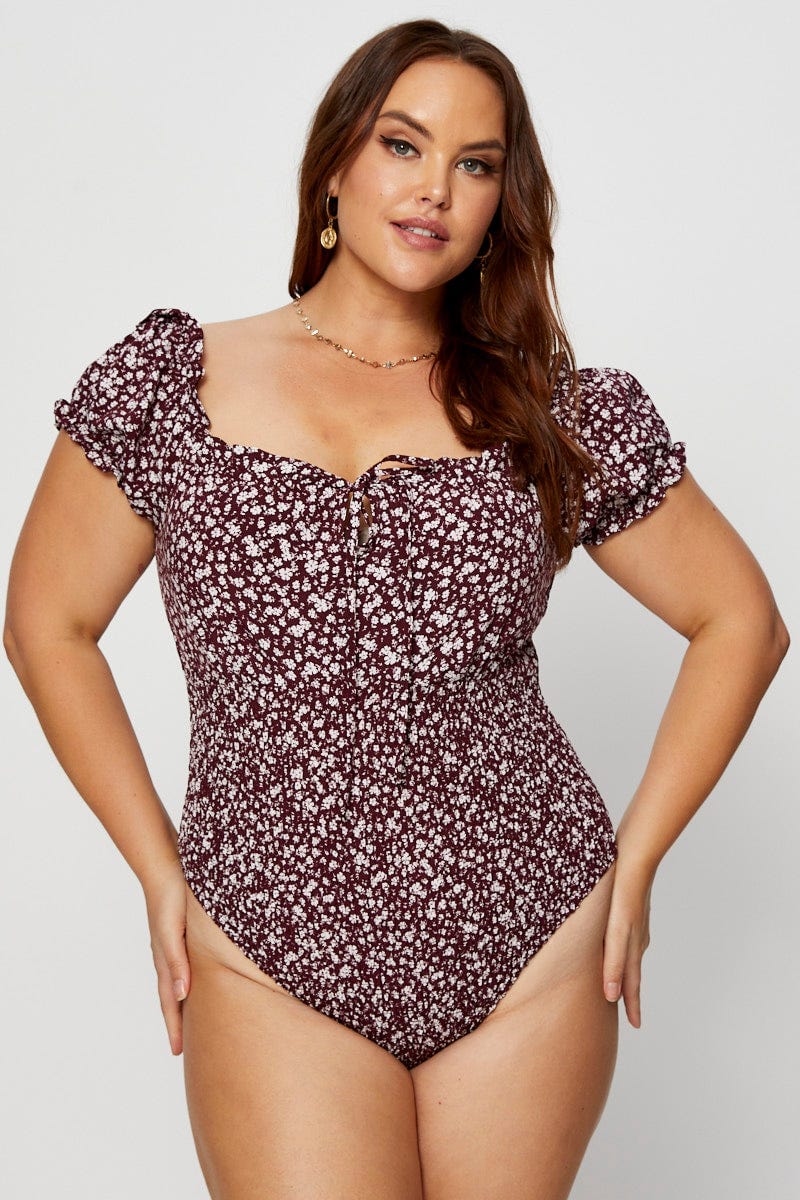 Ditsy Print Shirred Bodysuit Short Sleeve - Image 2