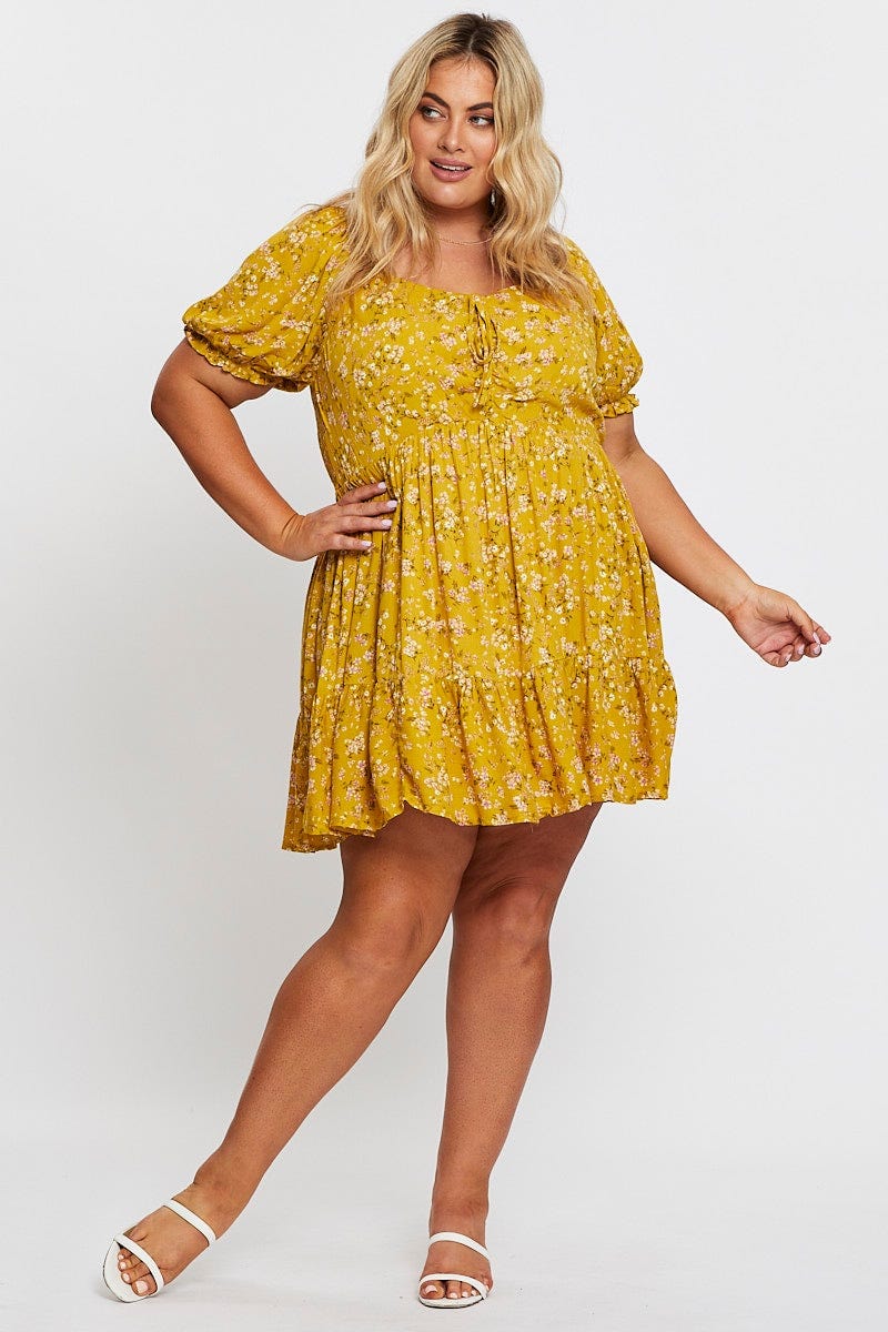 Ditsy Print Short Puff Sleeve Mustard Floral Dress - Image 2
