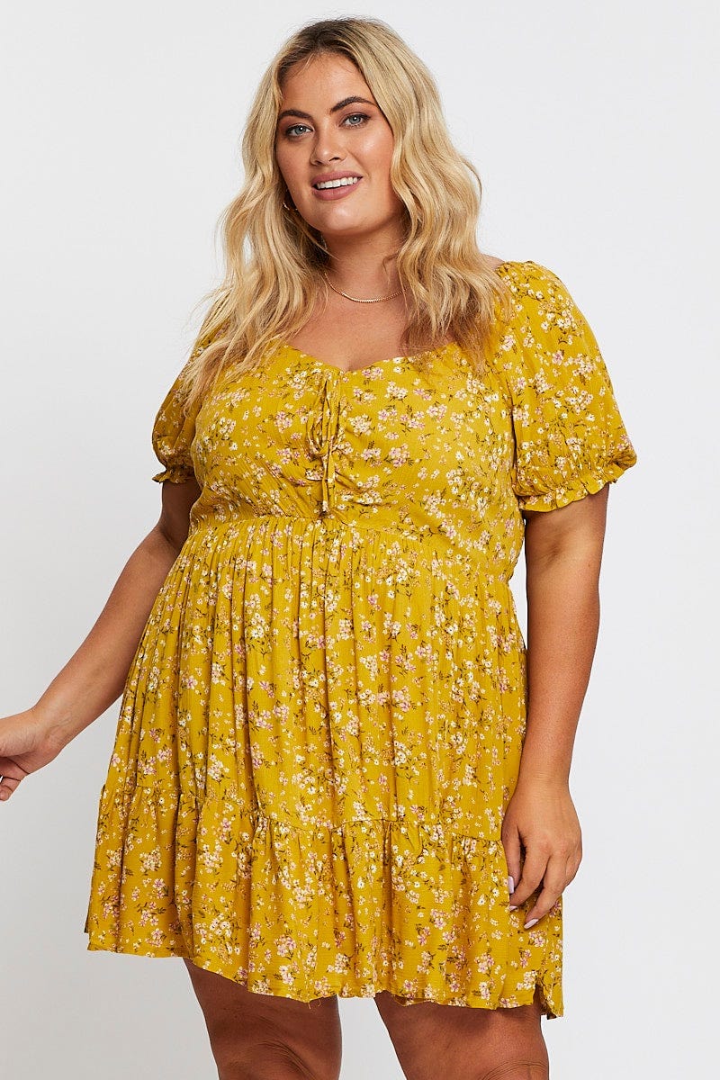 Ditsy Print Short Puff Sleeve Mustard Floral Dress - Image 3