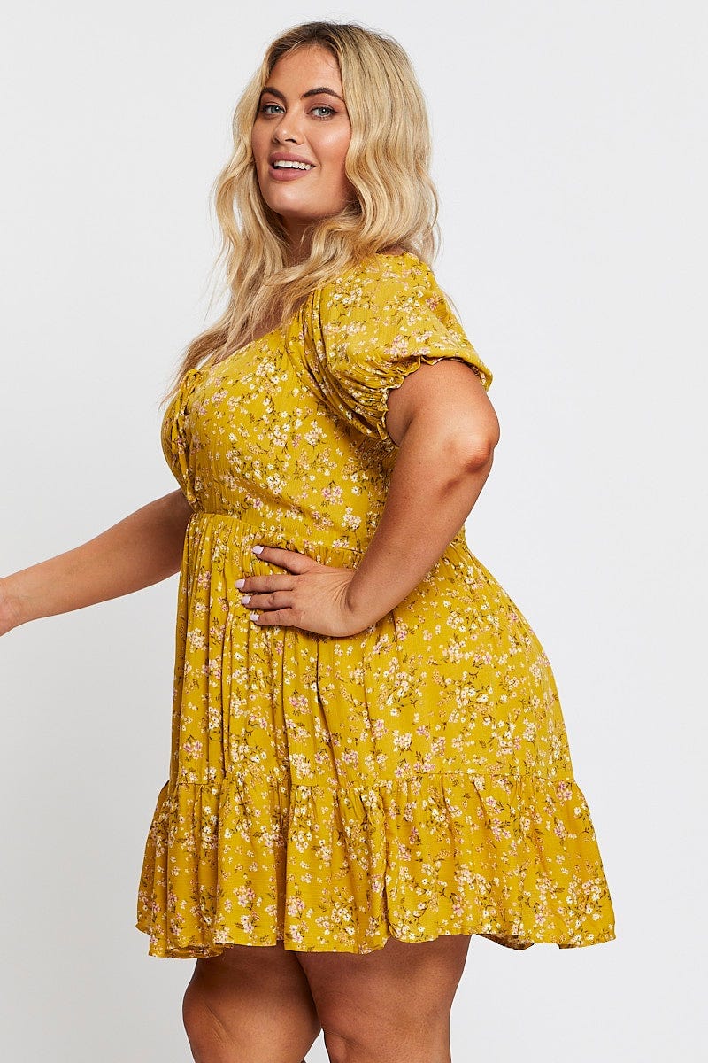 Ditsy Print Short Puff Sleeve Mustard Floral Dress - Image 4