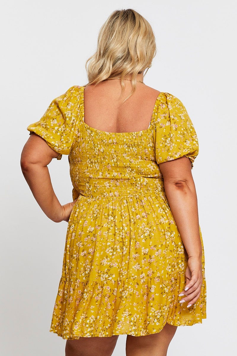 Ditsy Print Short Puff Sleeve Mustard Floral Dress - Image 5