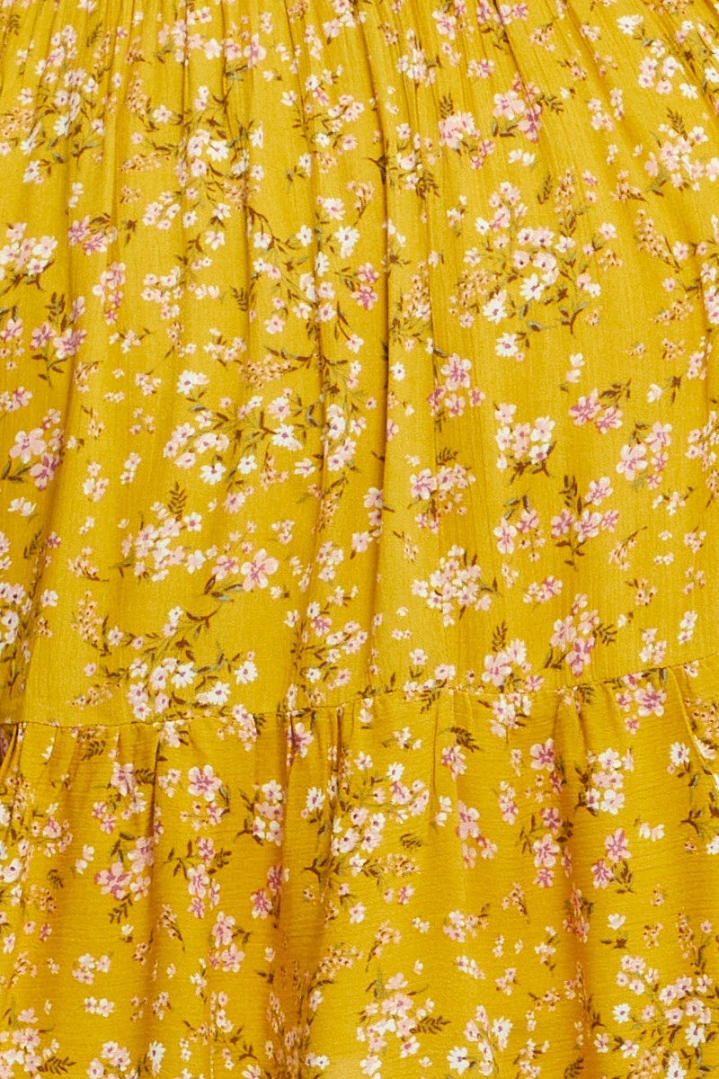Ditsy Print Short Puff Sleeve Mustard Floral Dress - Image 6