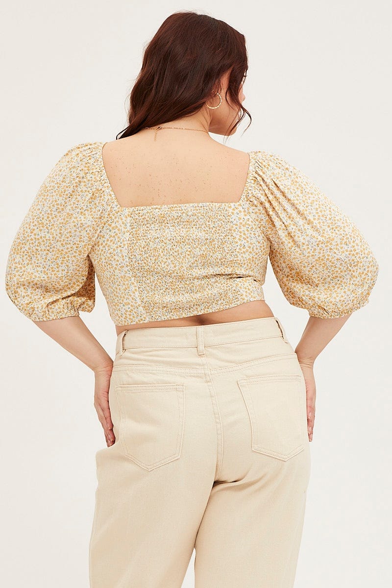 Ditsy Print Short Sleeve Floral Semi Crop Top - Image 5