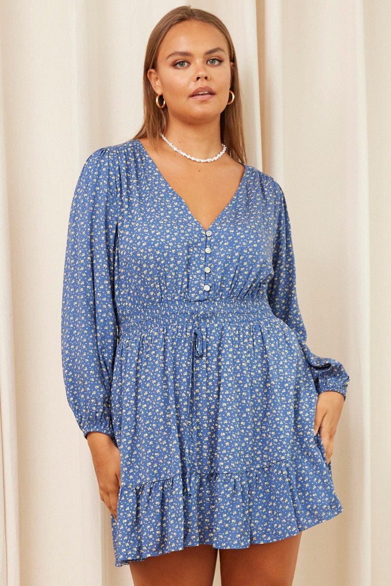 Ditsy Print Skater Dress V-neck Long Sleeve - Image 3