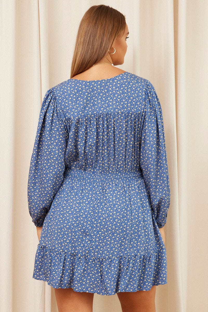 Ditsy Print Skater Dress V-neck Long Sleeve - Image 5