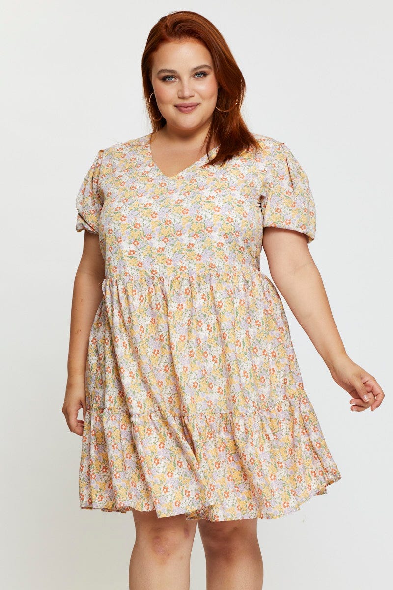 Ditsy Print Smock Dress V-neck Short Sleeve