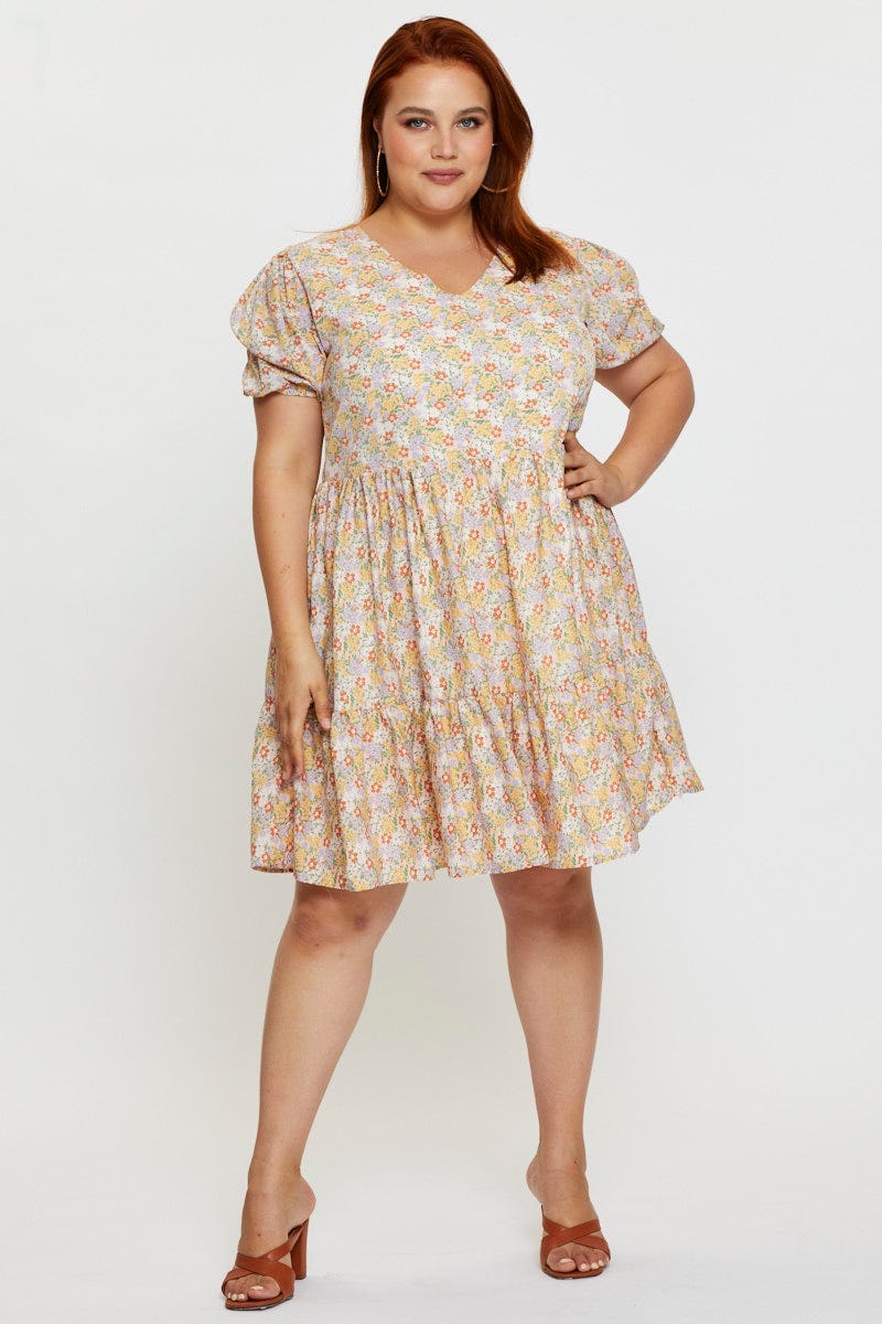 Ditsy Print Smock Dress V-neck Short Sleeve - Image 2