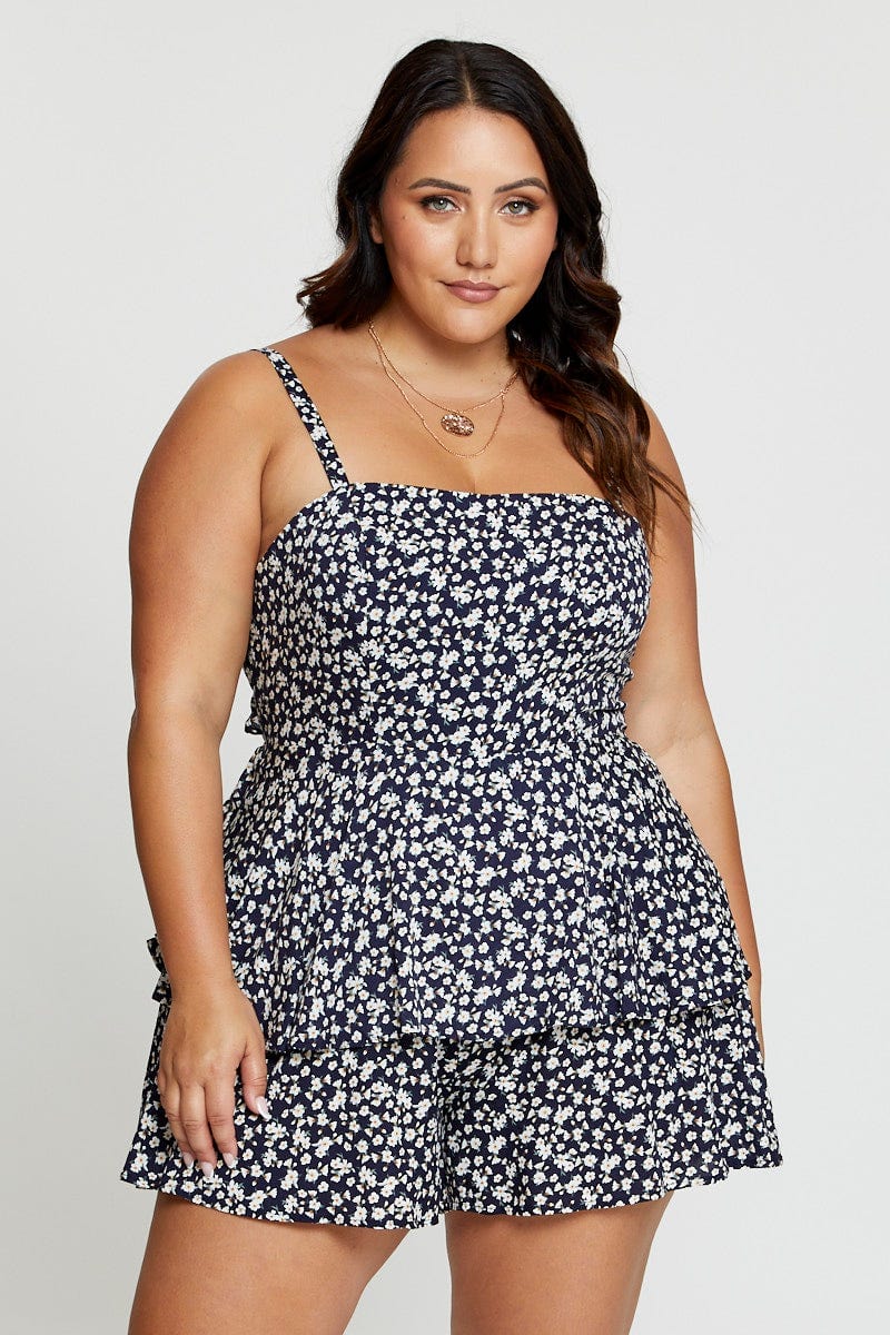 Ditsy Print Tie Playsuit Square Neck
