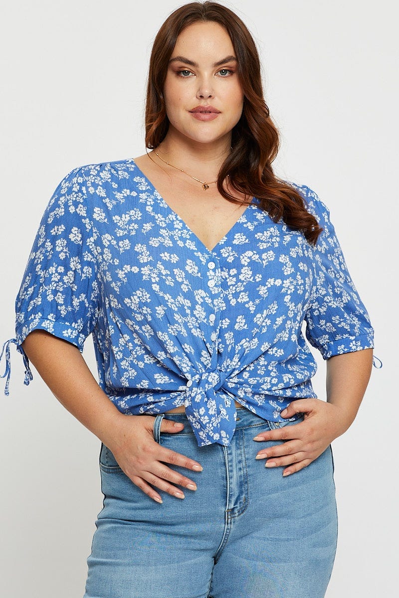 Ditsy Print V-neck Top Short Sleeve Button Front - Image 3