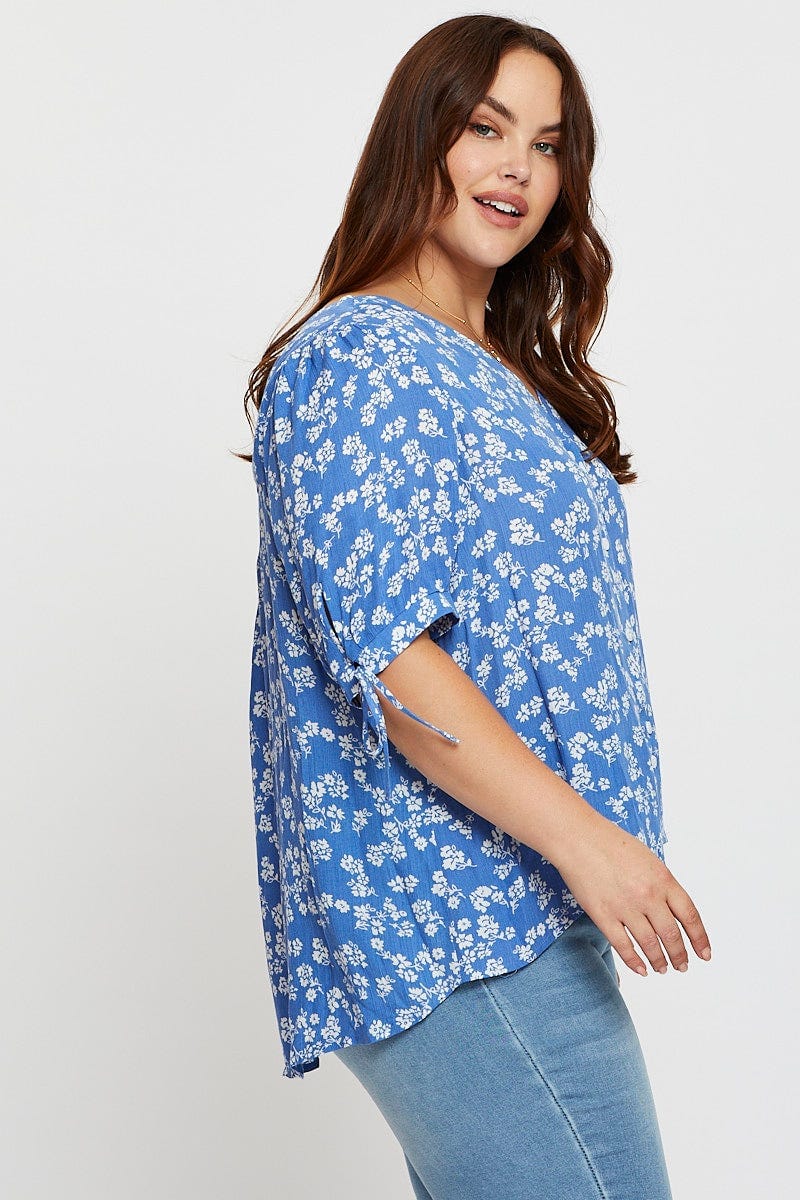 Ditsy Print V-neck Top Short Sleeve Button Front - Image 4