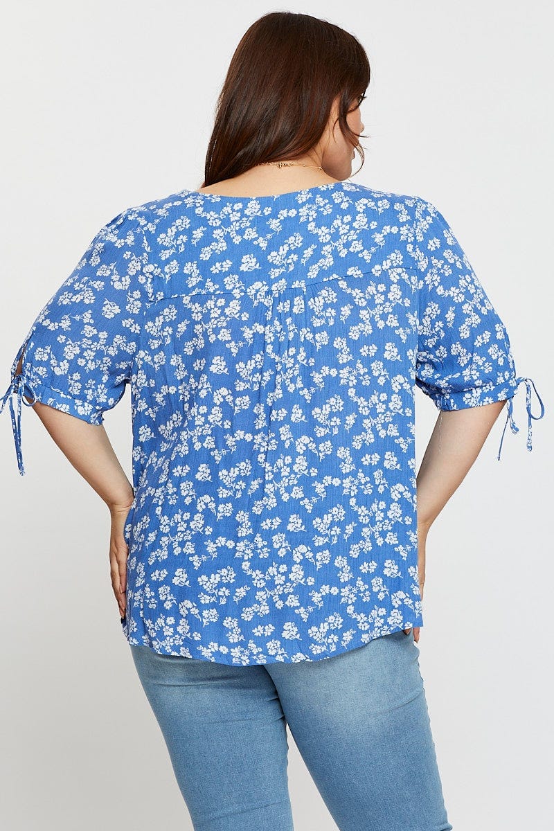 Ditsy Print V-neck Top Short Sleeve Button Front - Image 5