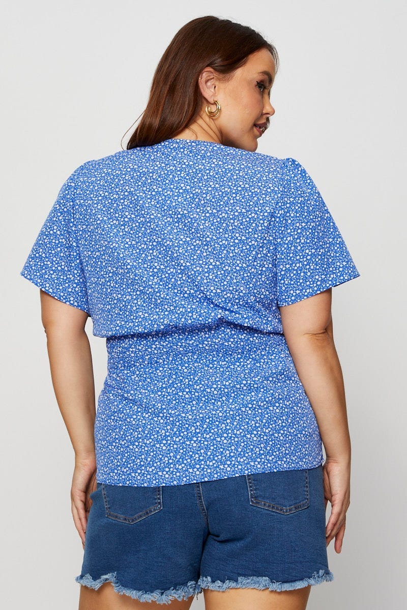 Ditsy Print Wrap Front Shirred Top Short Sleeve - Image 4