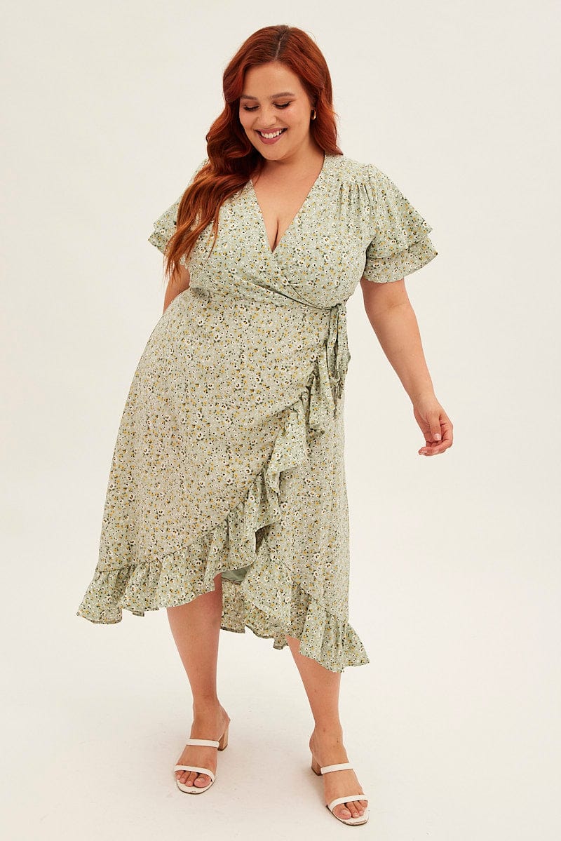 Ditsy Print Short Sleeve Frill Hem Wrap Dress - Image 3