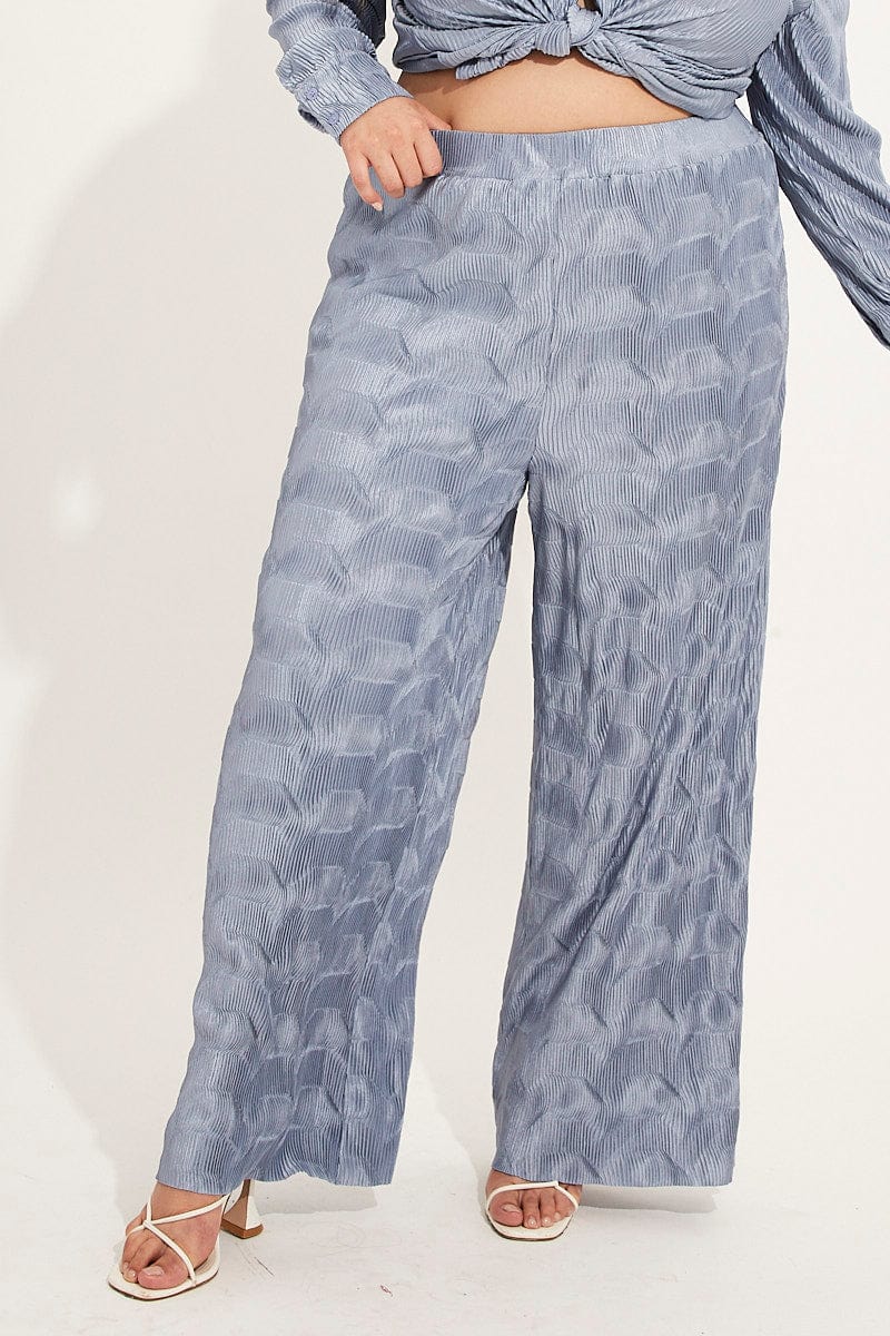 Dusty Blue Plisse Pants Wide Leg High Rise - Image 2