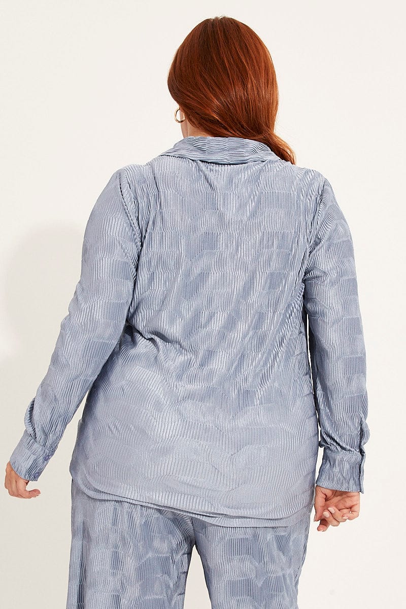 Dusty Blue Plisse Shirt Long Sleeve - Image 5