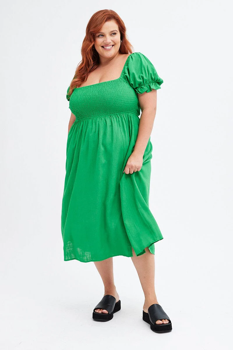Fern Shirred Short Sleeve Linen Blend Midi Dress - Image 3