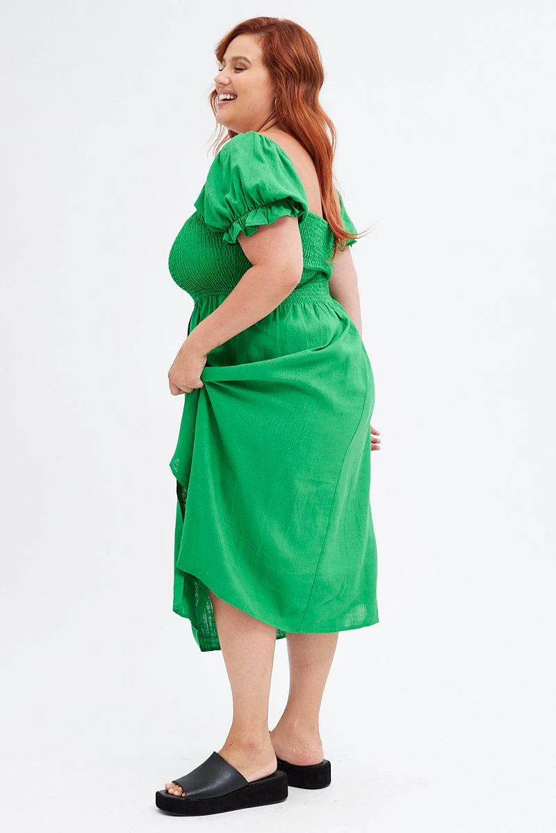 Fern Shirred Short Sleeve Linen Blend Midi Dress - Image 4