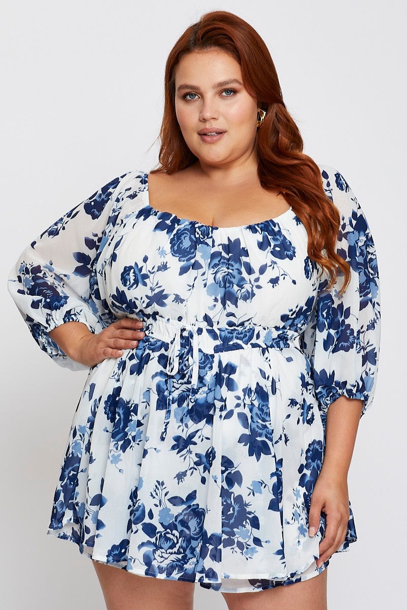Floral Print 3/4 Sleeve Blue Print Gather Flowy Playsuit - Image 3