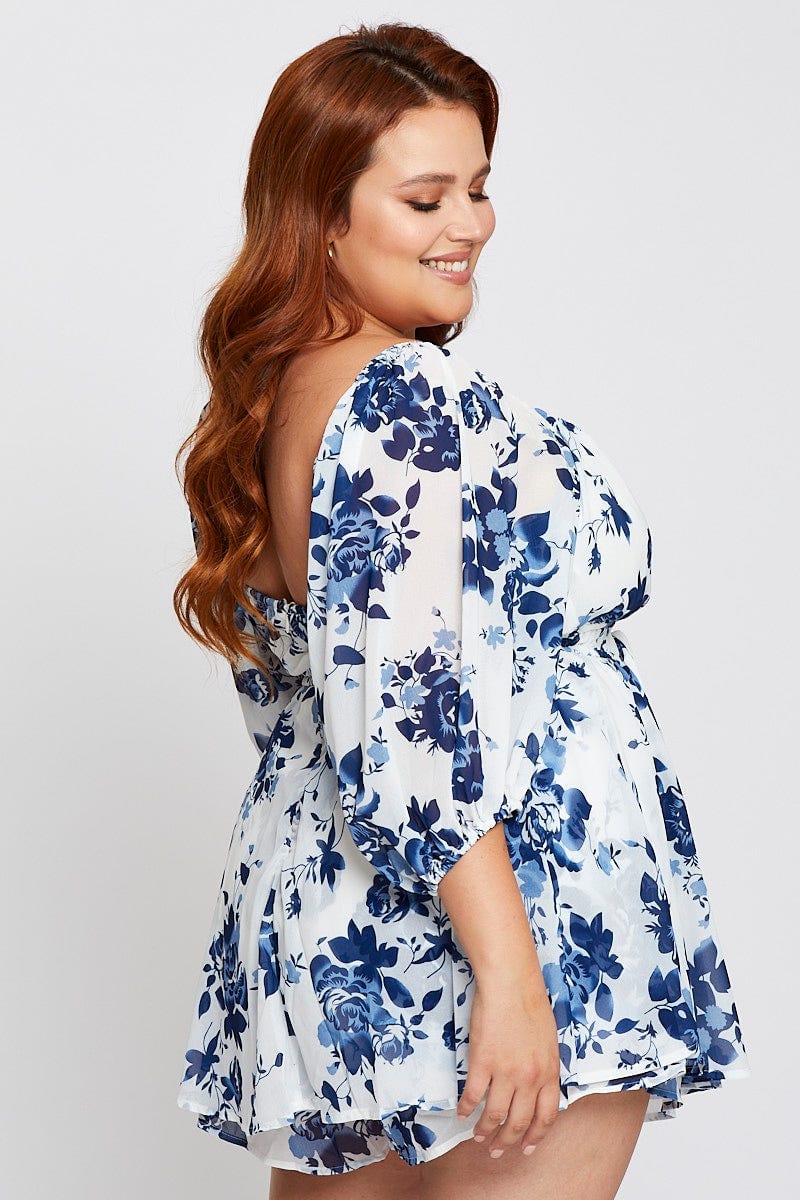 Floral Print 3/4 Sleeve Blue Print Gather Flowy Playsuit - Image 4