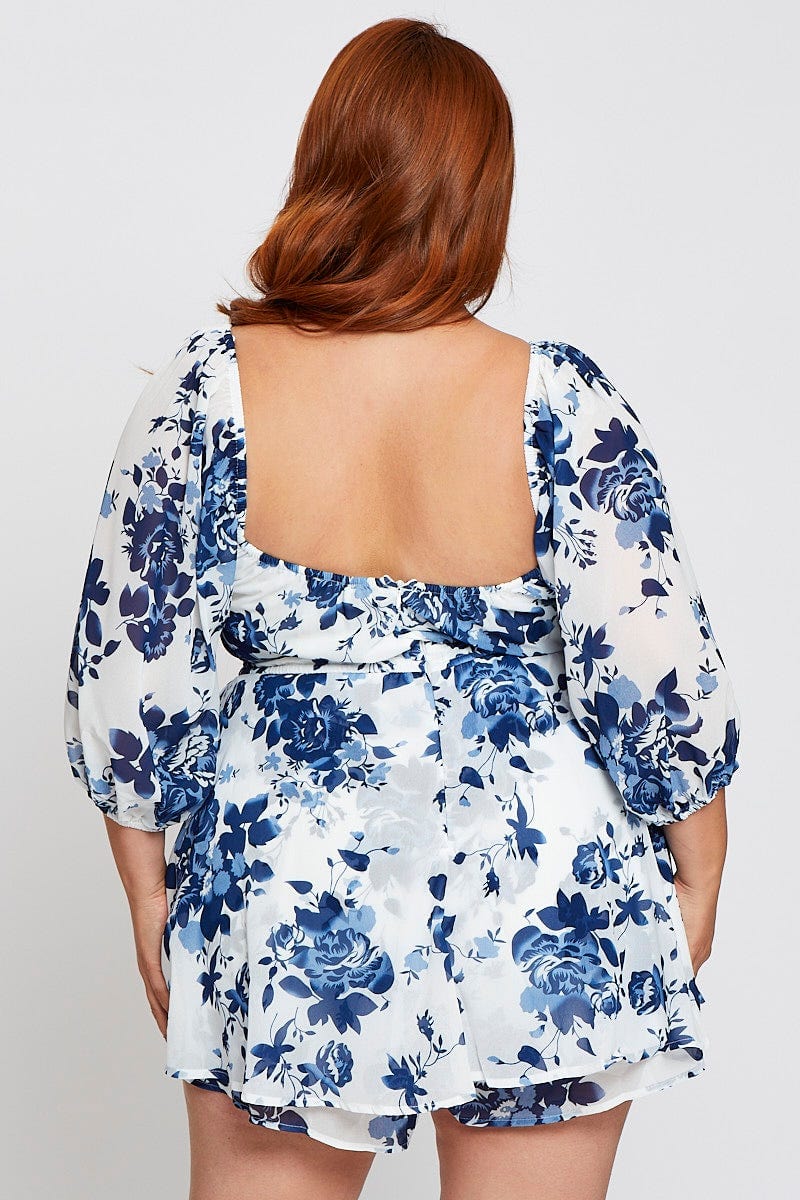 Floral Print 3/4 Sleeve Blue Print Gather Flowy Playsuit - Image 5