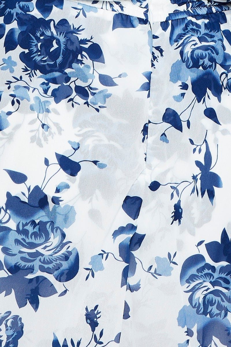 Floral Print 3/4 Sleeve Blue Print Gather Flowy Playsuit - Image 6
