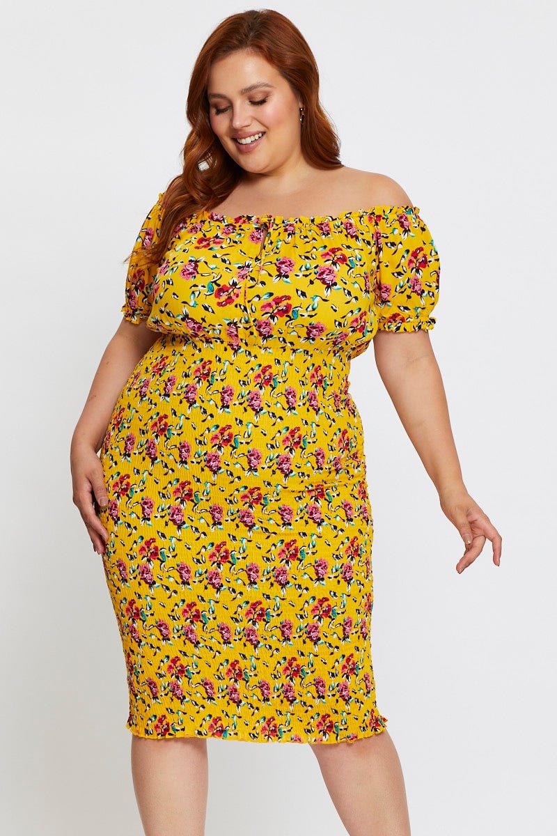 Floral Print Bodycon Dress Off Shoulder Short Sleeve - Image 3