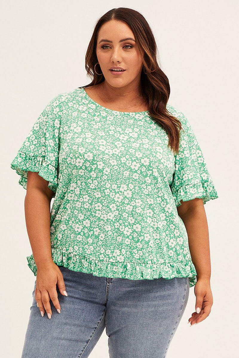 Floral Print Crew Neck Short Sleeve Ruffle Detail Top