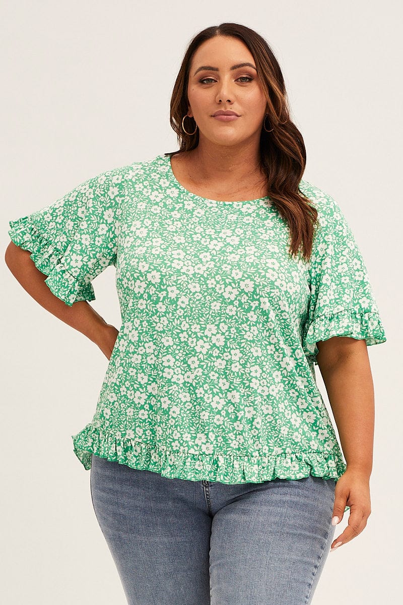 Floral Print Crew Neck Short Sleeve Ruffle Detail Top - Image 3