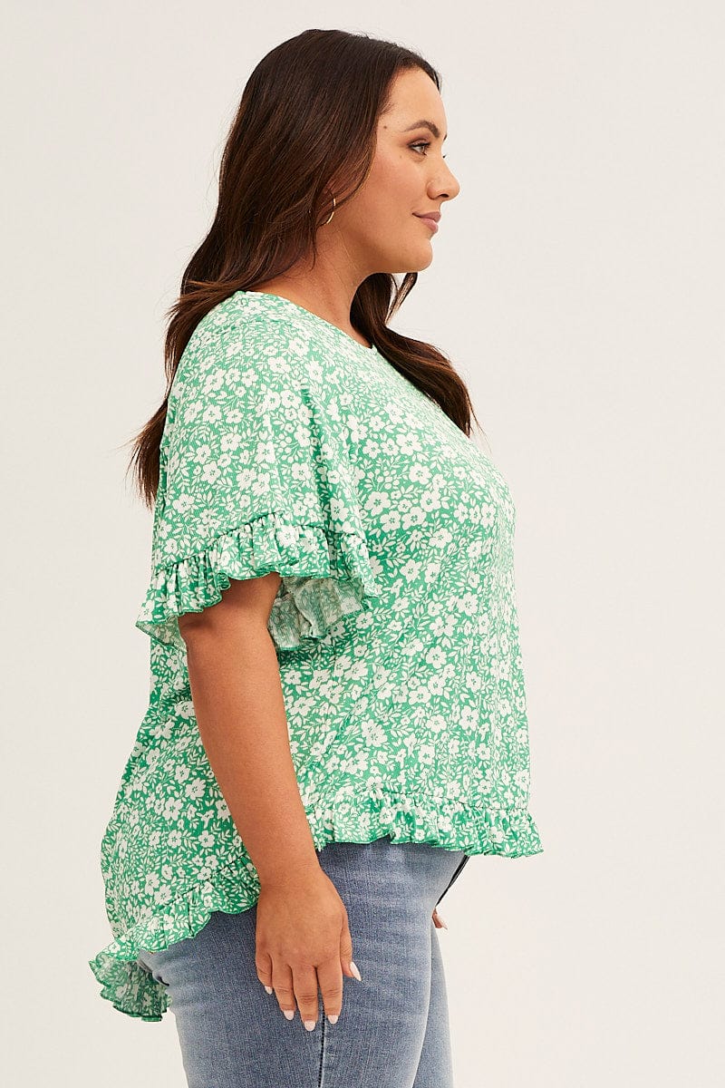 Floral Print Crew Neck Short Sleeve Ruffle Detail Top - Image 4