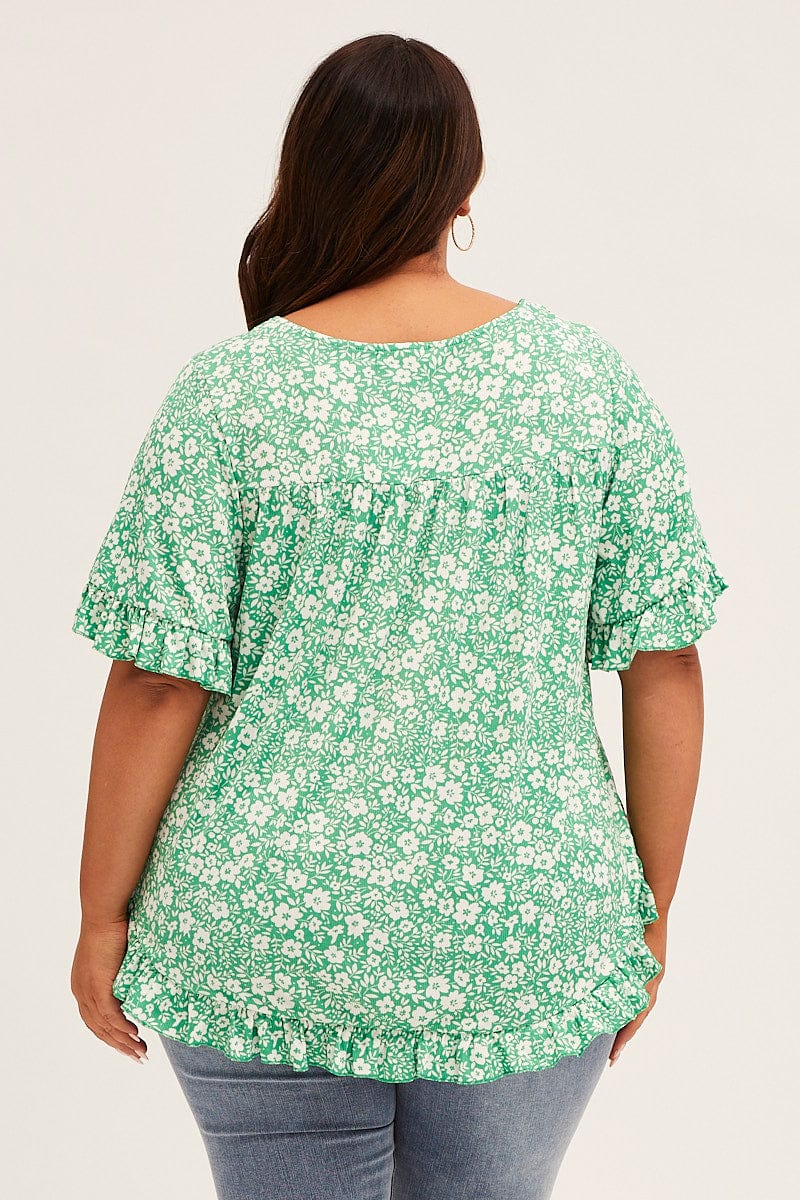 Floral Print Crew Neck Short Sleeve Ruffle Detail Top - Image 5