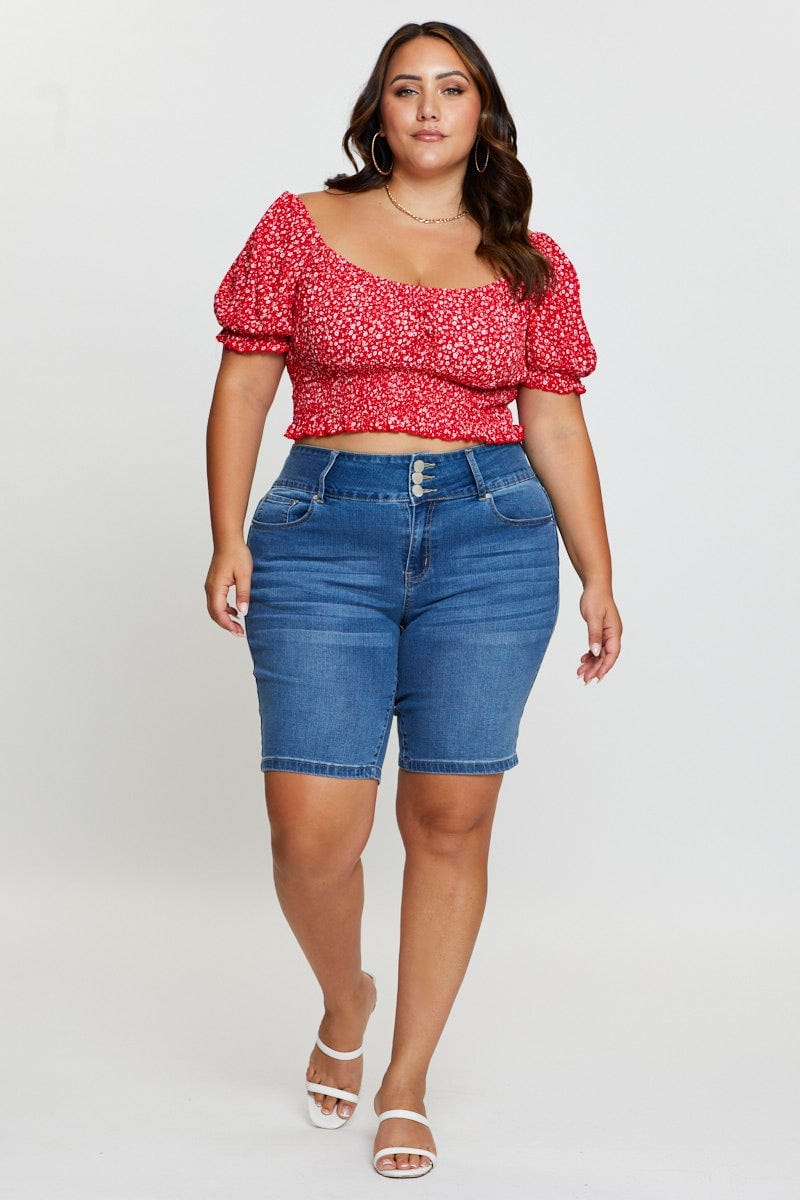 Floral Print Crop Top Short Sleeve Shirred - Image 2