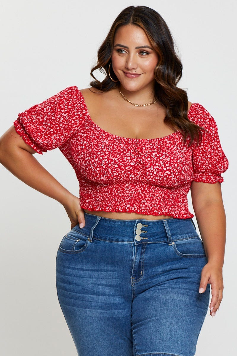 Floral Print Crop Top Short Sleeve Shirred - Image 3