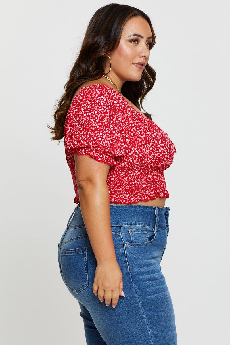 Floral Print Crop Top Short Sleeve Shirred - Image 4
