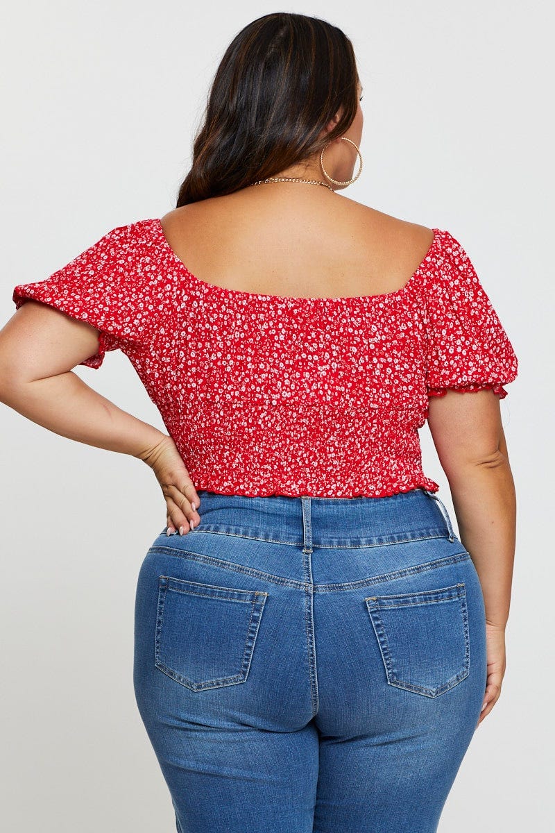 Floral Print Crop Top Short Sleeve Shirred - Image 5