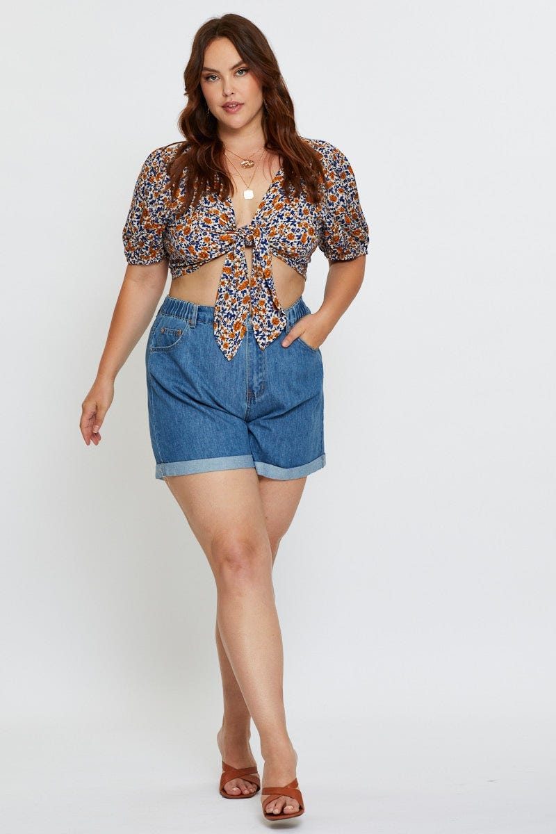 Floral Print Crop Top Short Sleeve Tie Front - Image 3